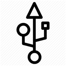 USB symbol icon showing a trident-shaped connector with a circle, square, and triangle at the ends.